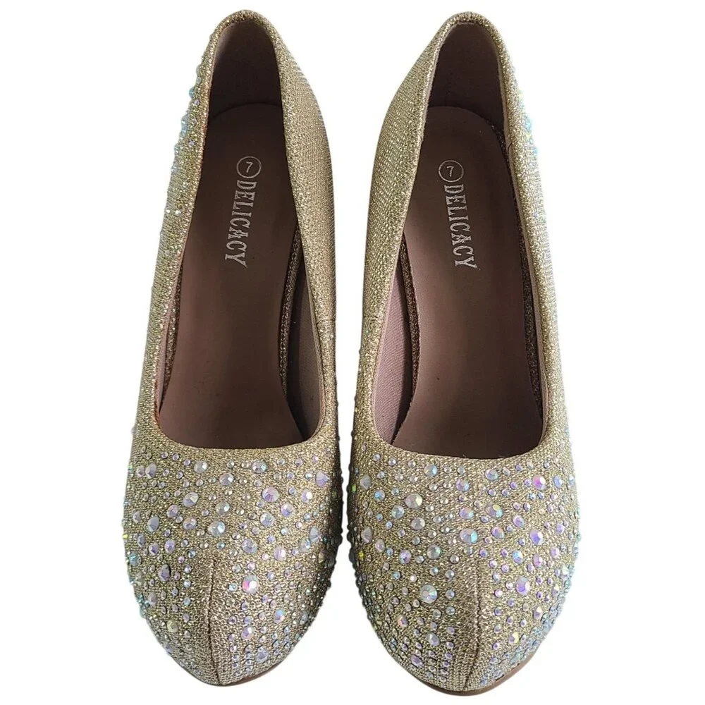 Delicacy Women's Sunset Gold Glitter Rhinestone Glam High Heel Pumps Hot Fashion - Picture 1 of 13
